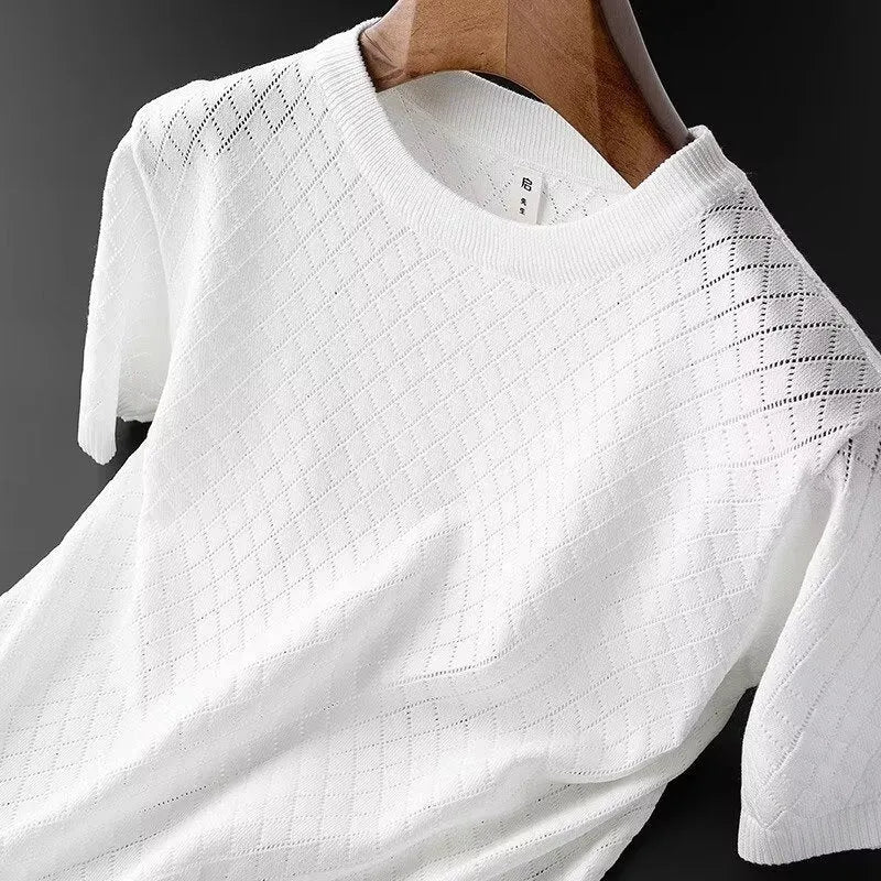 Men's ice silk t-shirt with cut-out detail in black and white colour options showing V-neck and round neck styles
