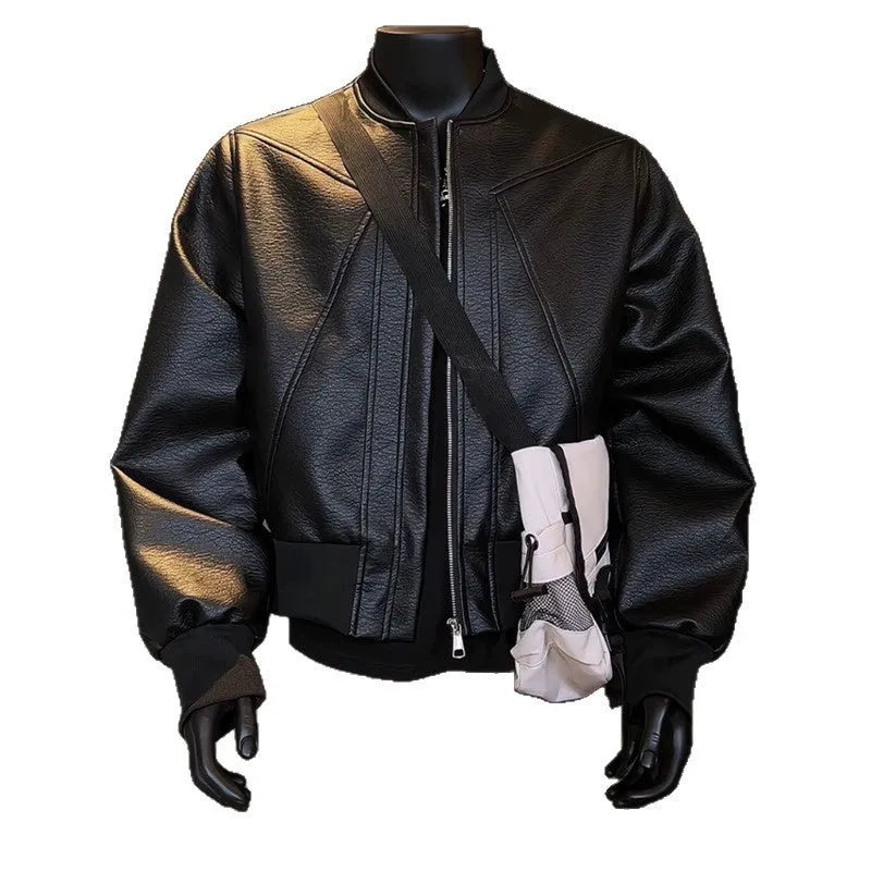 Men's black PU leather jacket with litchi grain texture and extended length design