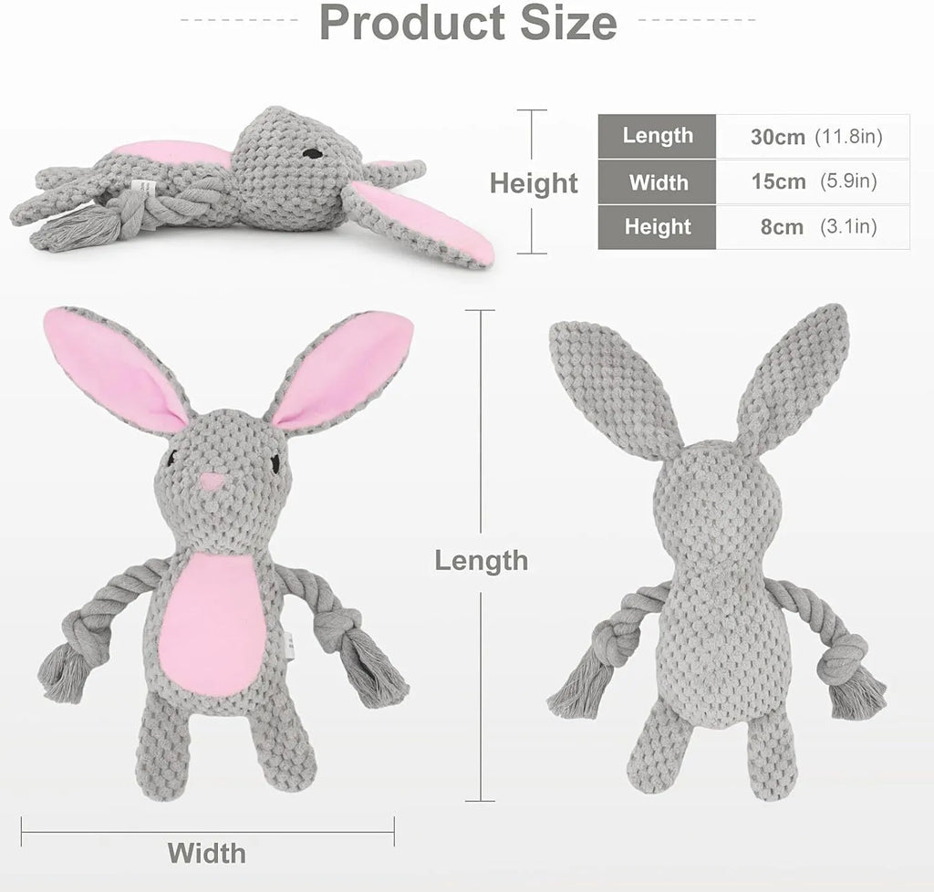 Soft plush dog toy shaped like an animal with an attached cotton rope, featuring a squeaker and crinkle paper inside.
