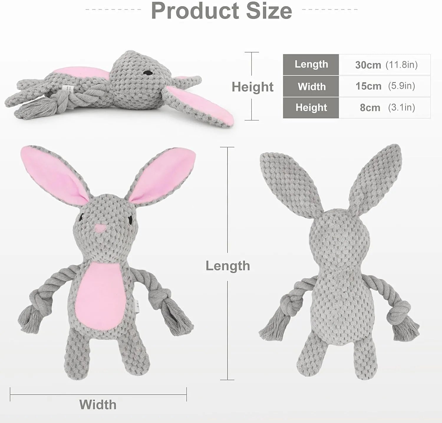 Soft plush dog toy shaped like an animal with an attached cotton rope, featuring a squeaker and crinkle paper inside.
