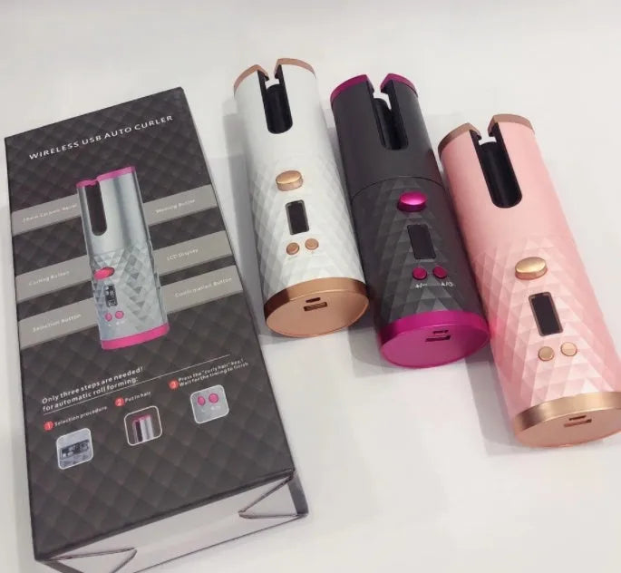 Portable mini curling iron with USB charging cable, gold ceramic barrel, and temperature control settings