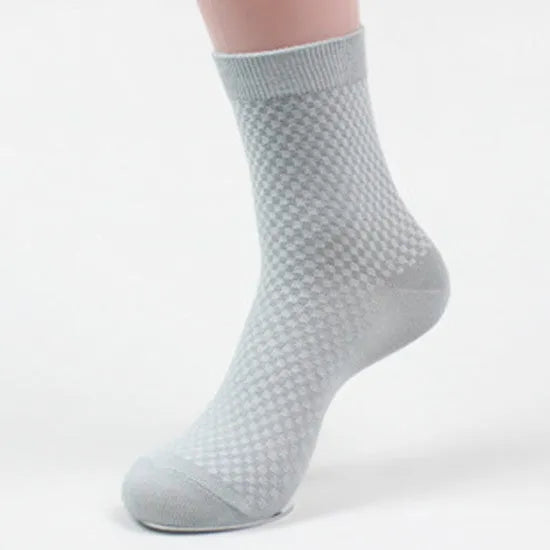 Men's bamboo fibre business socks in grey blue with a small square pattern.