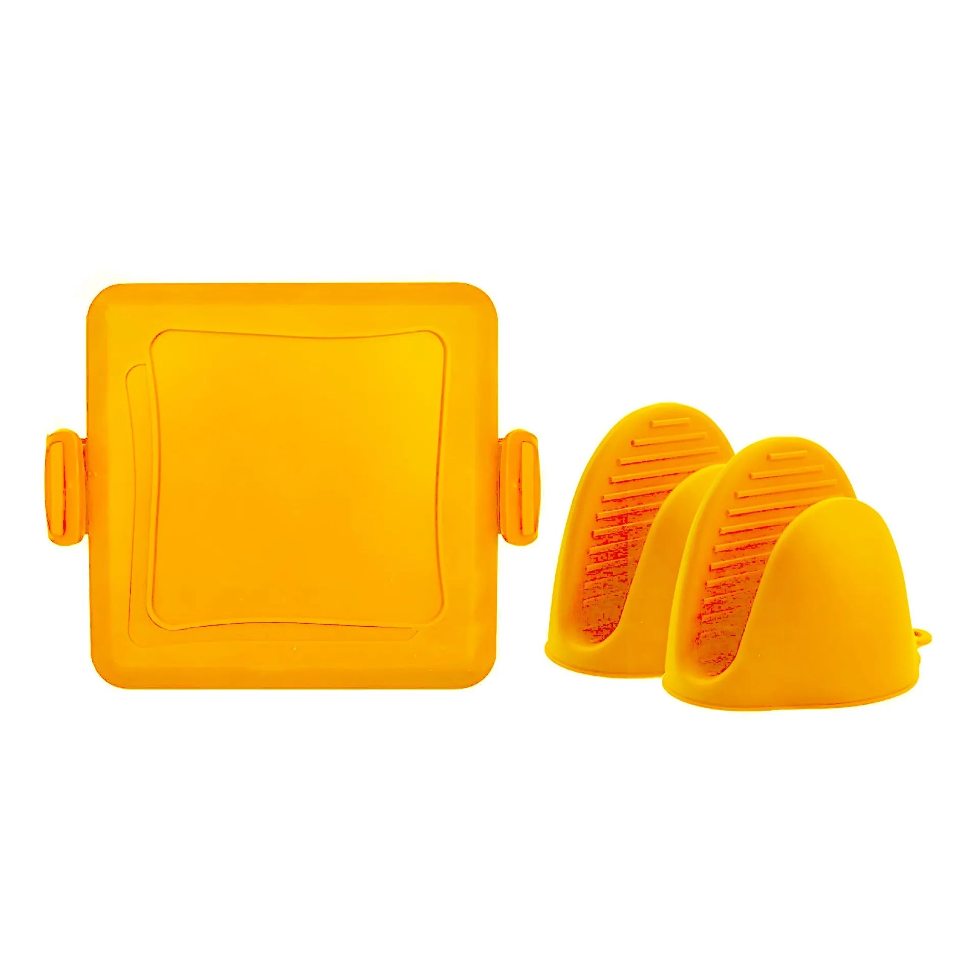 Red silicone baking tray with matching hand clamp set for anti-scald kitchen protection