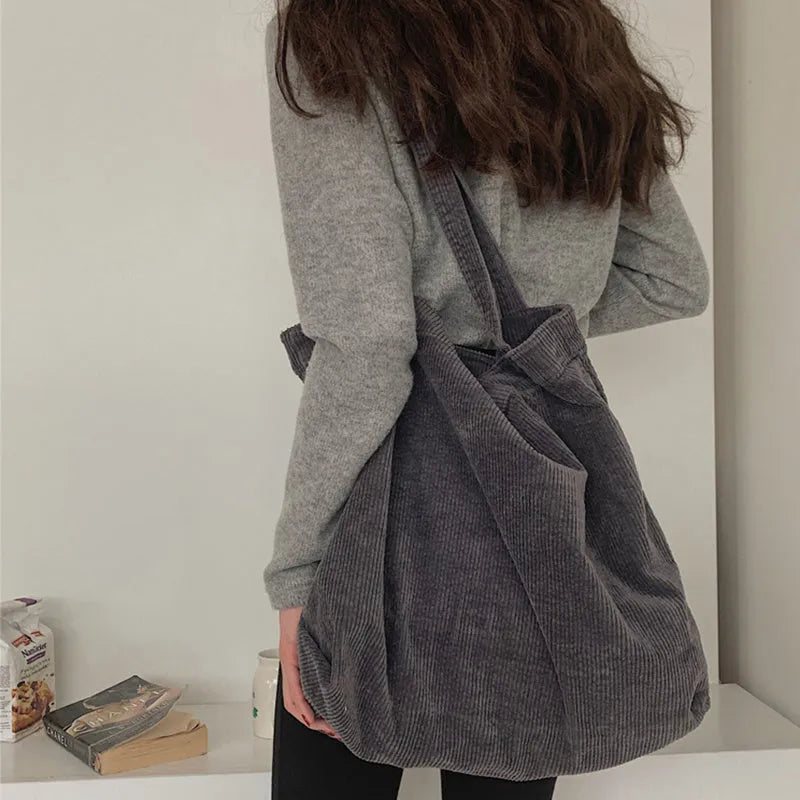 Corduroy shoulder tote bag large vertical square solid colour soft handle with pleated detail