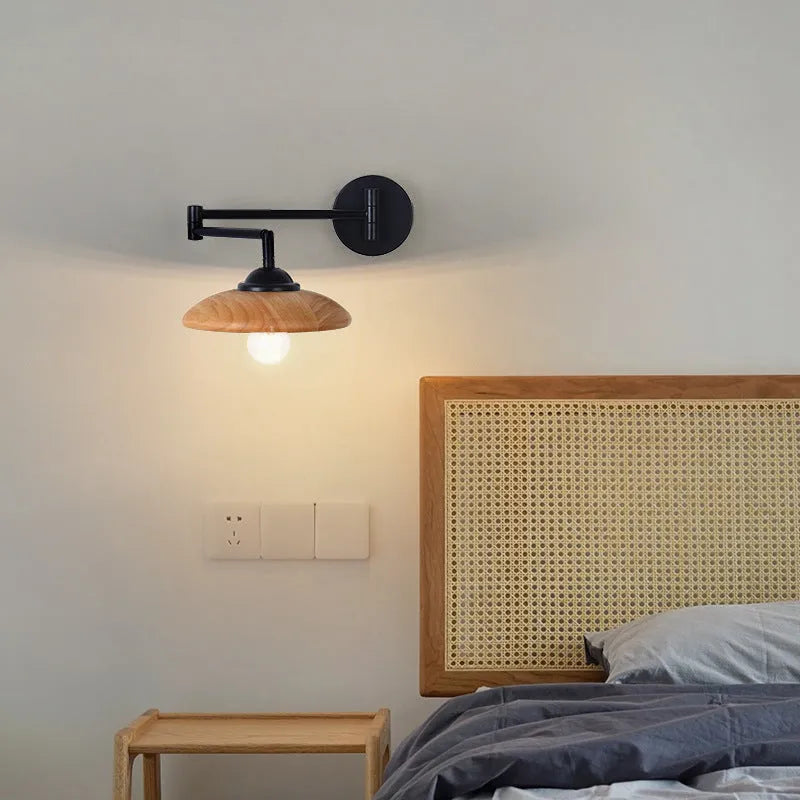 Simple Nordic retractable wood grain rocker arm wall lamp in Walnut finish with 18cm pattern
