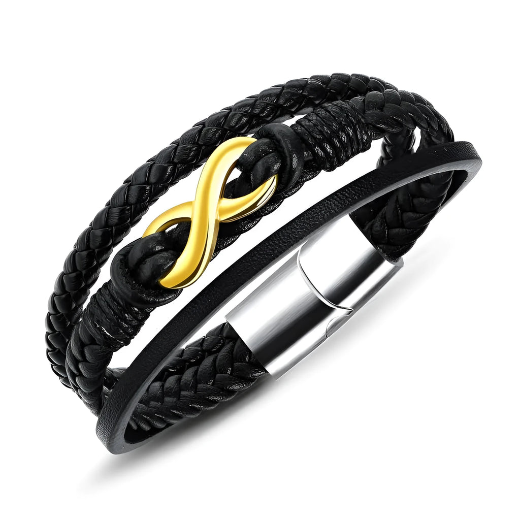 Black vintage leather bracelet with titanium steel clasp on display, 20cm length
