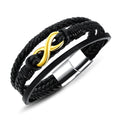 Black vintage leather bracelet with titanium steel clasp on display, 20cm length