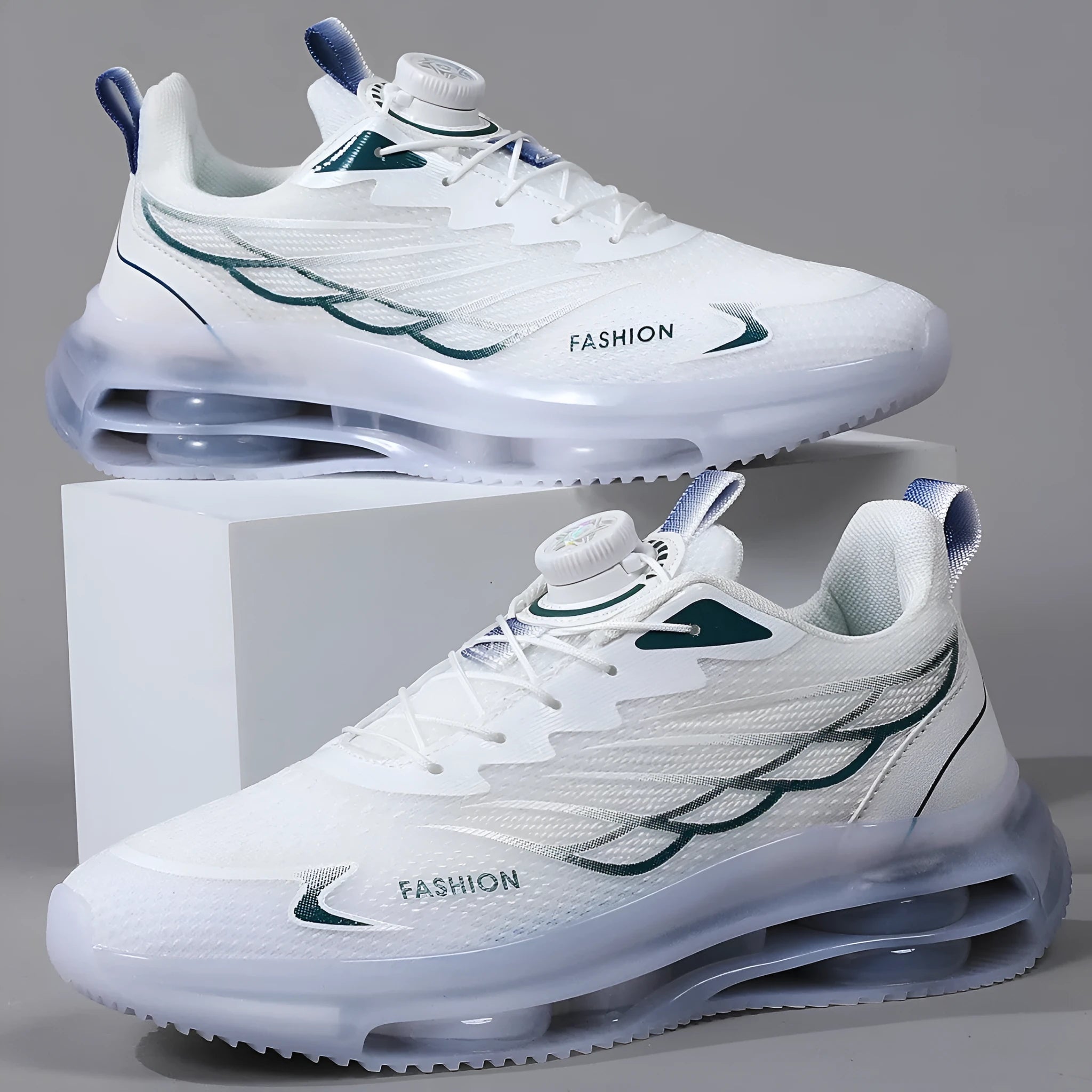 White Korean-style casual trainers with rotating button lace-up and mesh upper