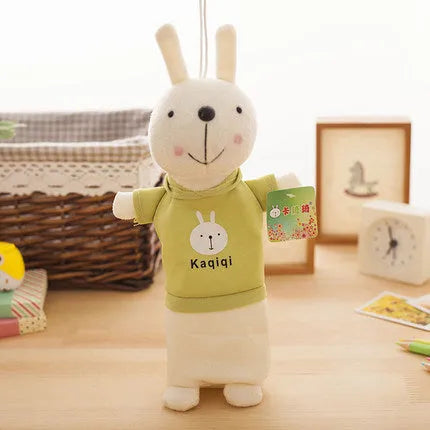 Rabbit plush pencil case showing eight colour options with 30x14cm dimensions