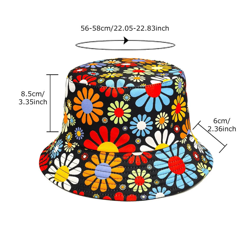 Colourful floral print polyester bucket hat with dome crown on white background