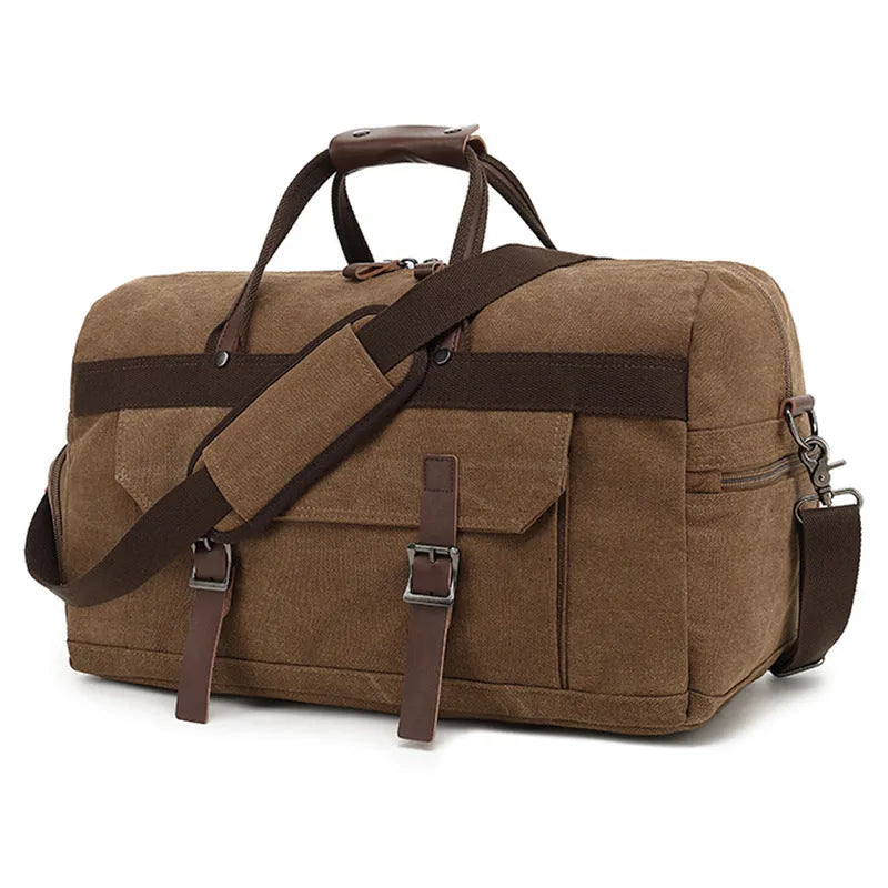 Large capacity crossbody travel bag in canvas with retro style sewing line detailing