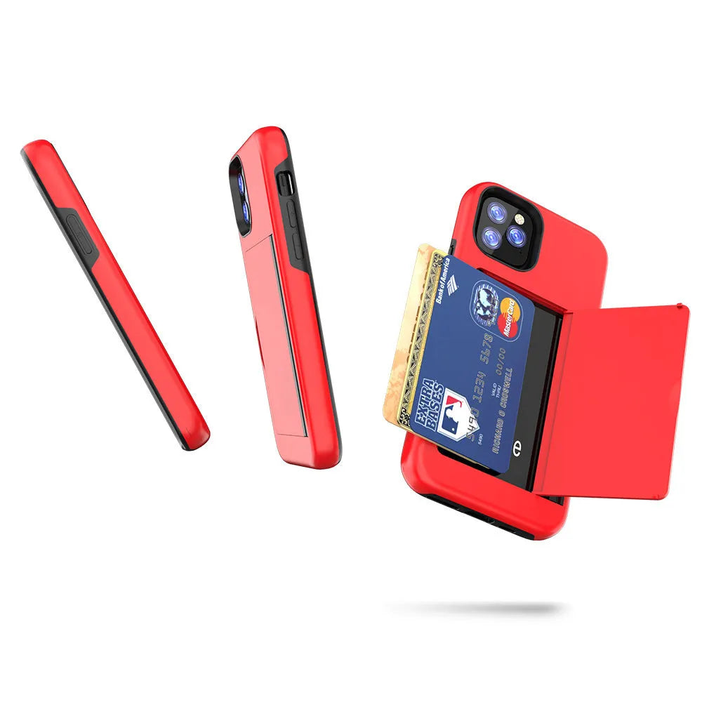 Slim solid-colour mobile phone case for iPhone 11, shown in black, red, pink, blue, dark blue, and purple.