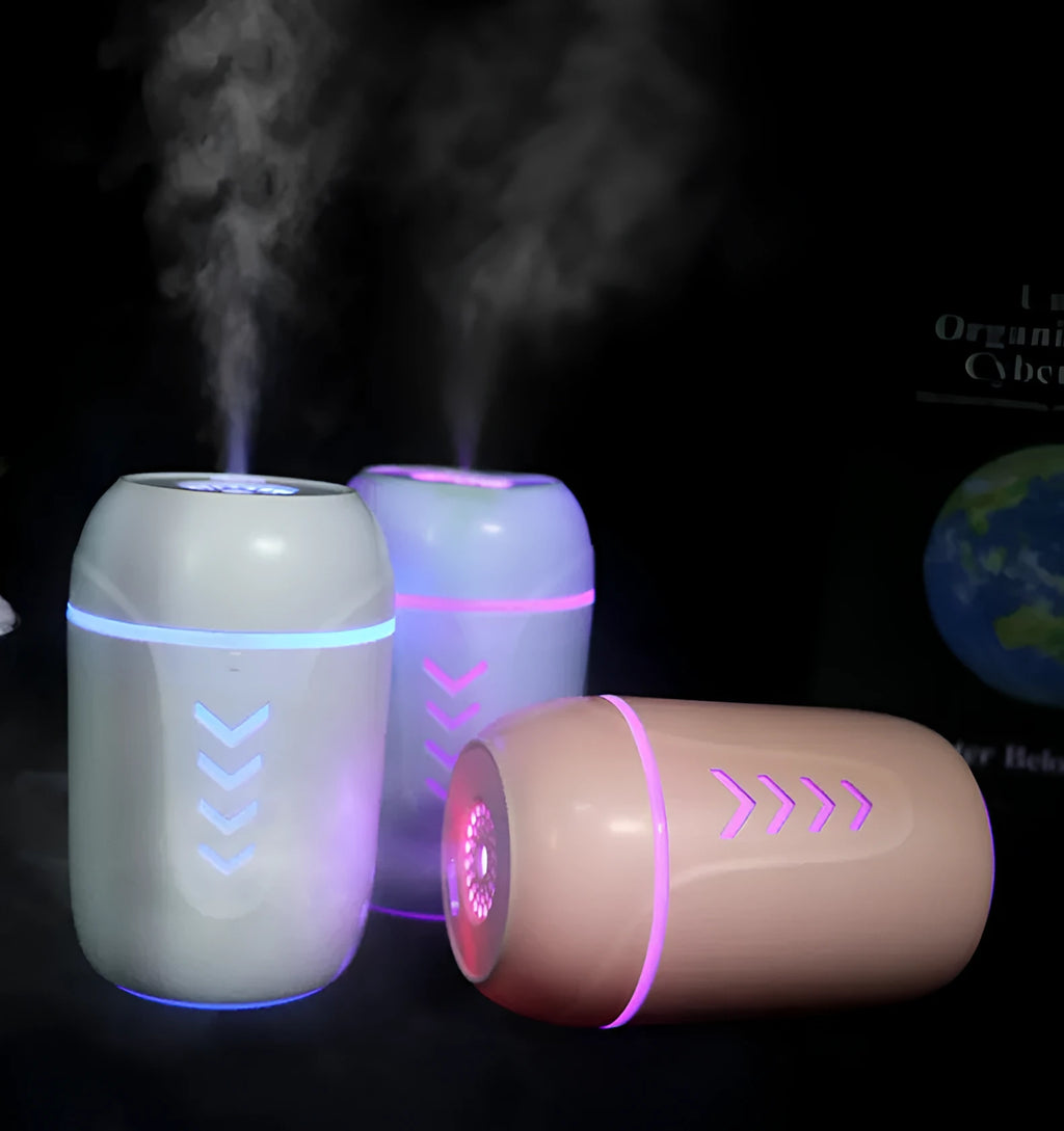 Portable car humidifier with columnar design in blue, pink, or white colour options