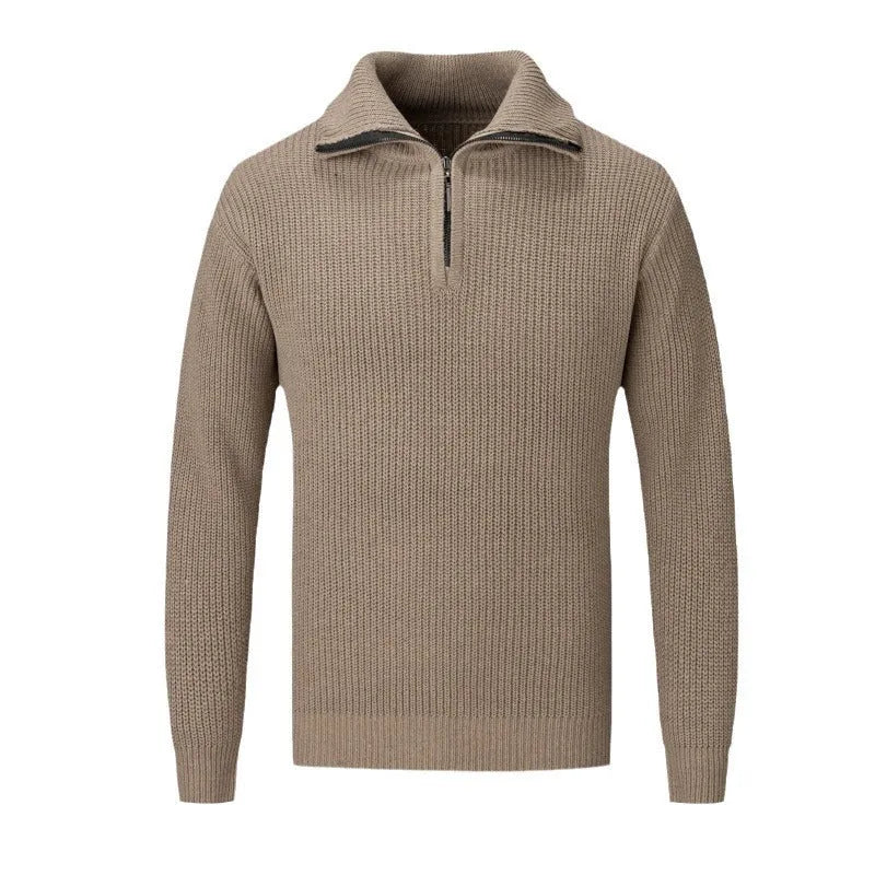 Men's solid colour loose fit pullover sweater in a neutral shade on a hanger.