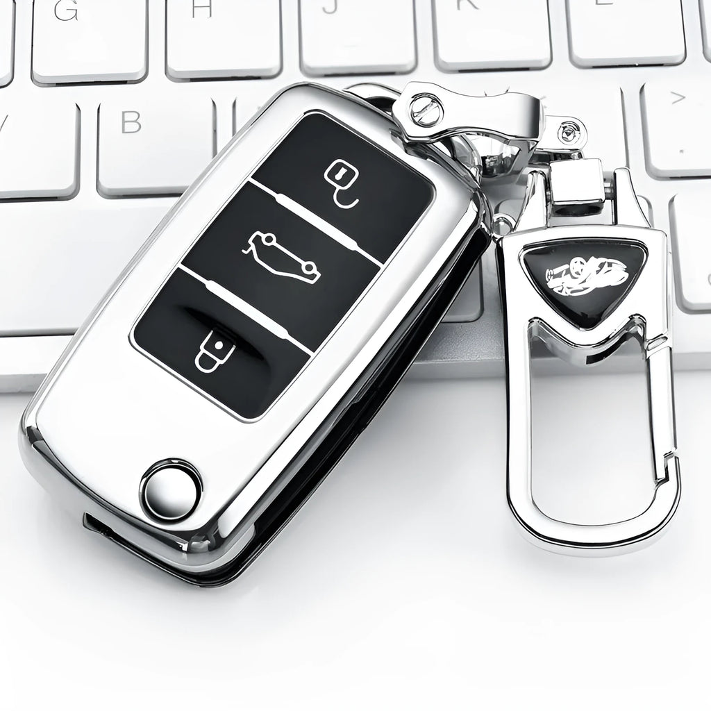 VW Model A car key fob cover in TPU, shown in blue, pink, red, and silver colour options.