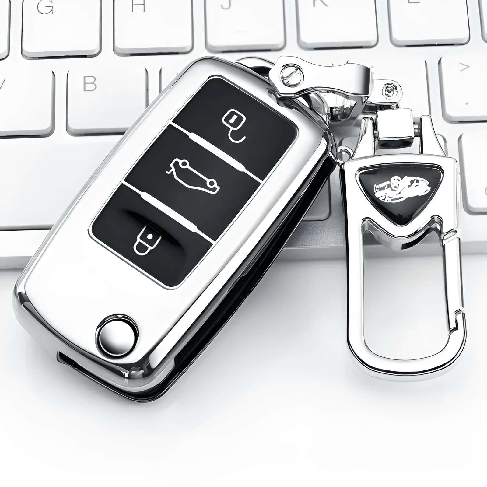 VW Model A car key fob cover in TPU, shown in blue, pink, red, and silver colour options.