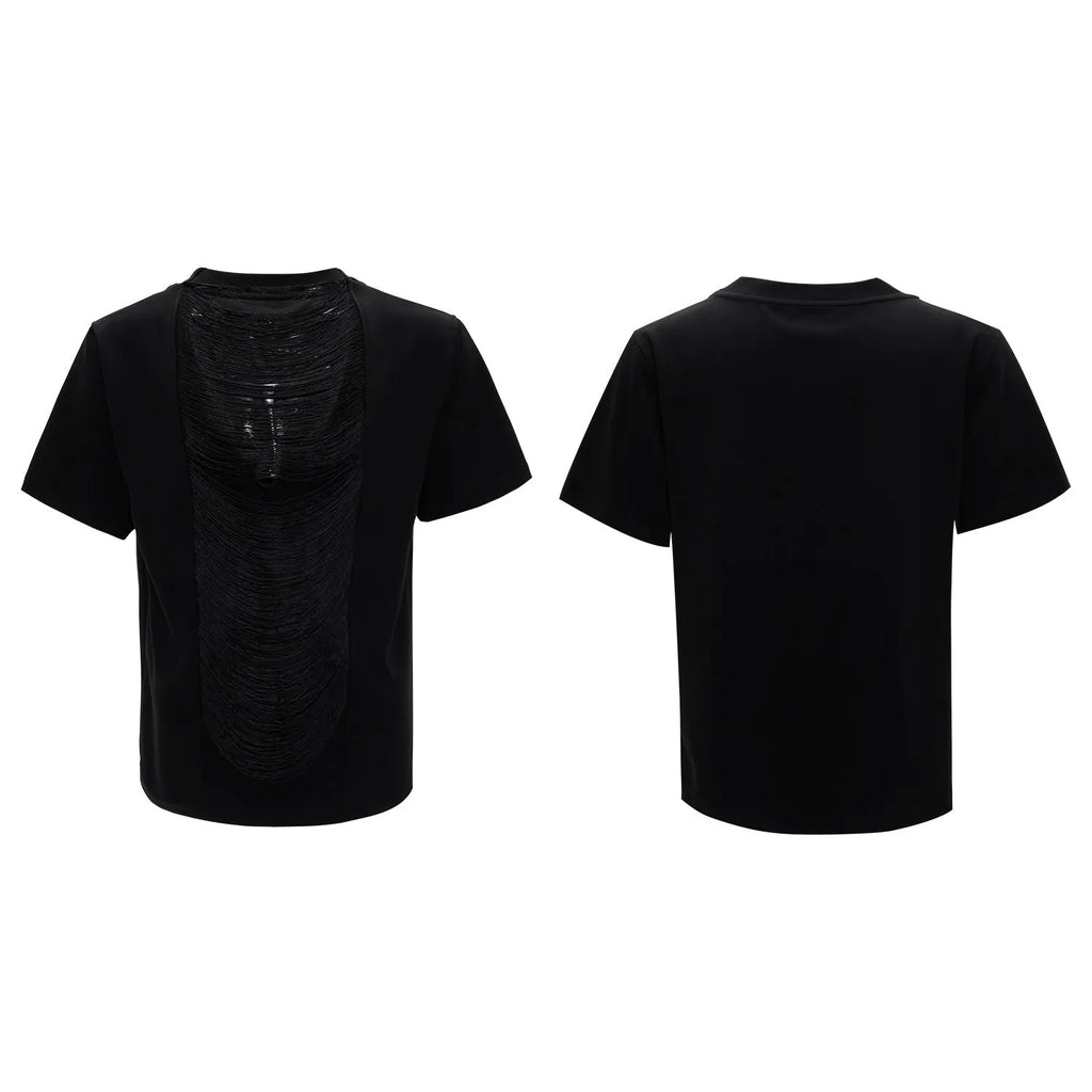 Men's black polyester V-neck t-shirt with hollow out pattern and loose fit
