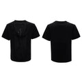 Men's black polyester V-neck t-shirt with hollow out pattern and loose fit