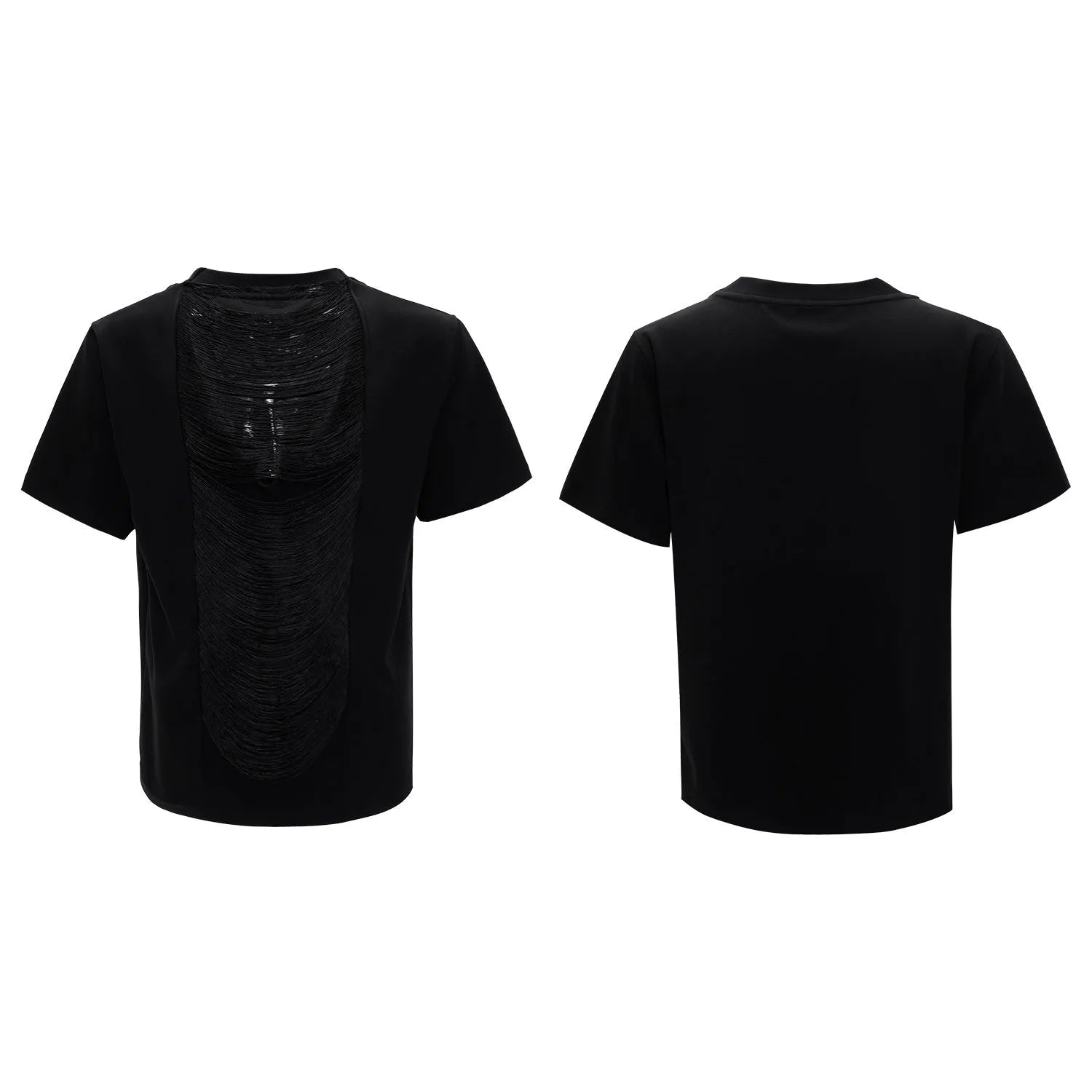 Men's black polyester V-neck t-shirt with hollow out pattern and loose fit