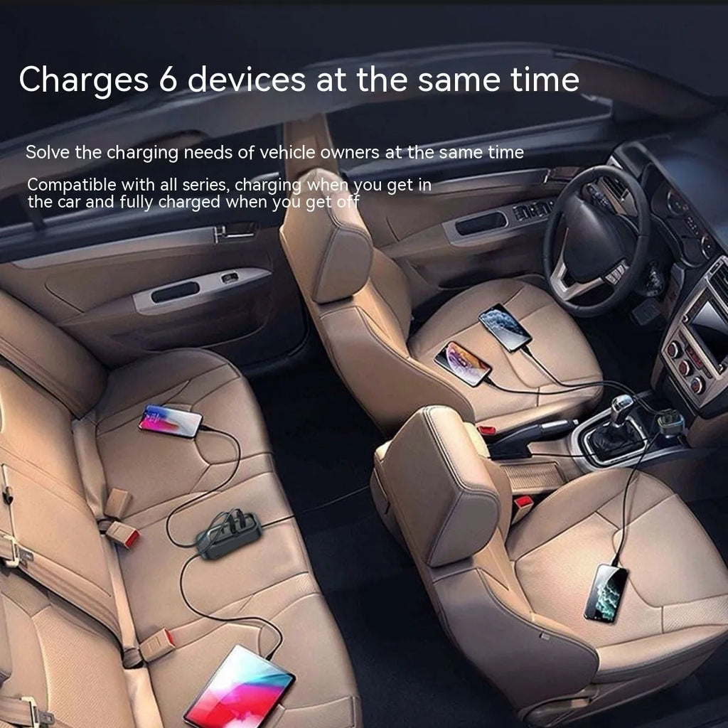 Universal car charger with retractable cable plugged into a car cigarette lighter socket.