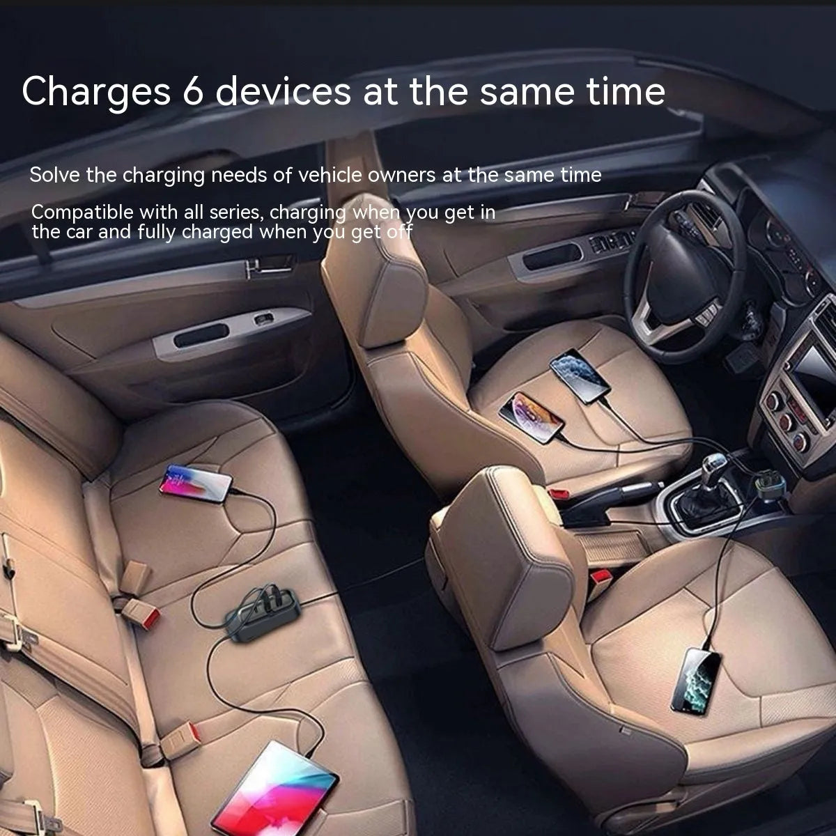 Universal car charger with retractable cable plugged into a car cigarette lighter socket.