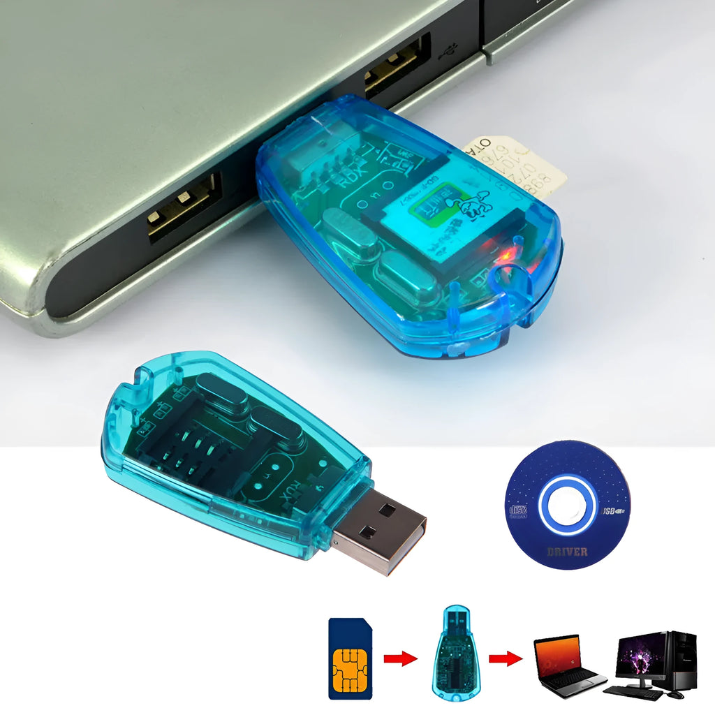 A blue external USB SIM card reader for mobile phones on a flat surface.