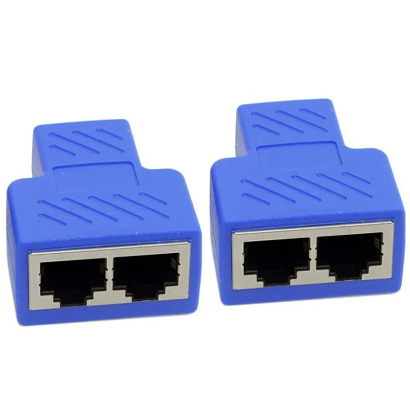 RJ45 network cable splitter tee adapter showing one male plug and two female ports in black plastic housing.