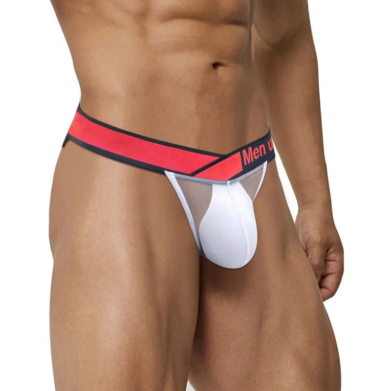 Men's solid colour ice silk nylon briefs showing low waist and large V gradient design.