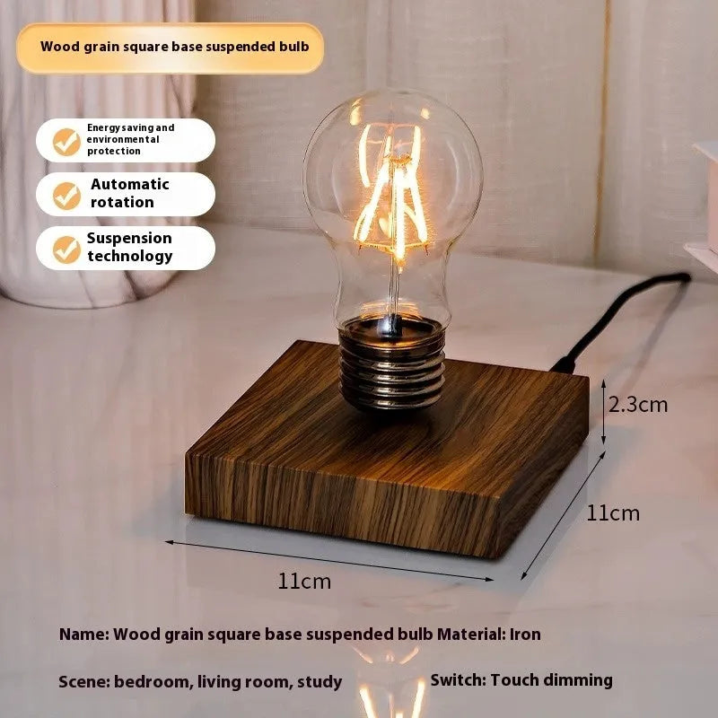 Creative suspension bulb desk lamp with iron art frame and wood grain base on table