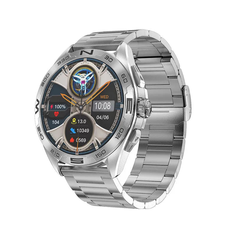 Men's smart watch displaying health stats on IPS screen, in black steel finish with metal strap.