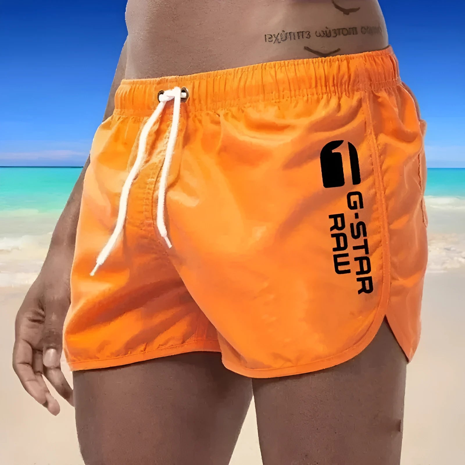Man wearing thin polyester hemp blend beach shorts in fluorescent green, suitable for sports.