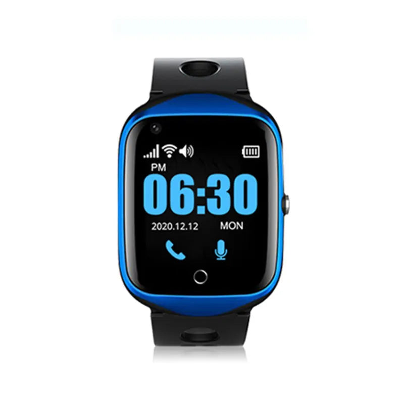 Black elderly safety smartwatch with square colour screen and silicone strap showing GPS and calling functions