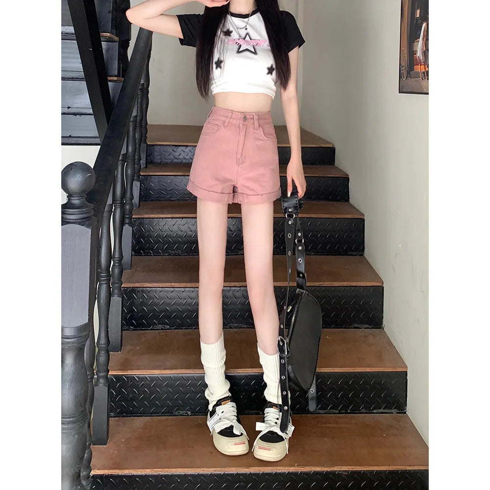 Women's high waist loose cotton denim shorts in khaki, summer casual style