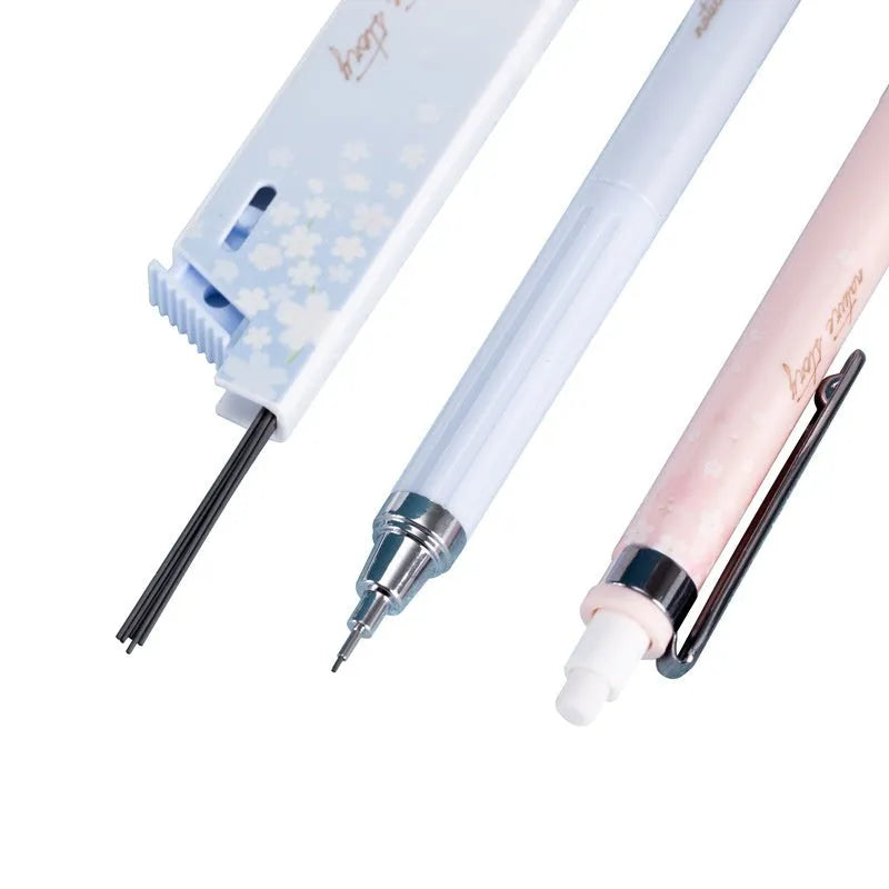 Cartoon automatic pencil set with three 0.5mm HB pencils and refill boxes in mixed colours