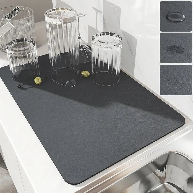 Super absorbent kitchen countertop drain pad mat with black PU leather surface
