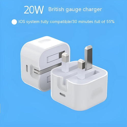 White 20W USB-C PD fast charger with UK plug and a coiled charging cable.
