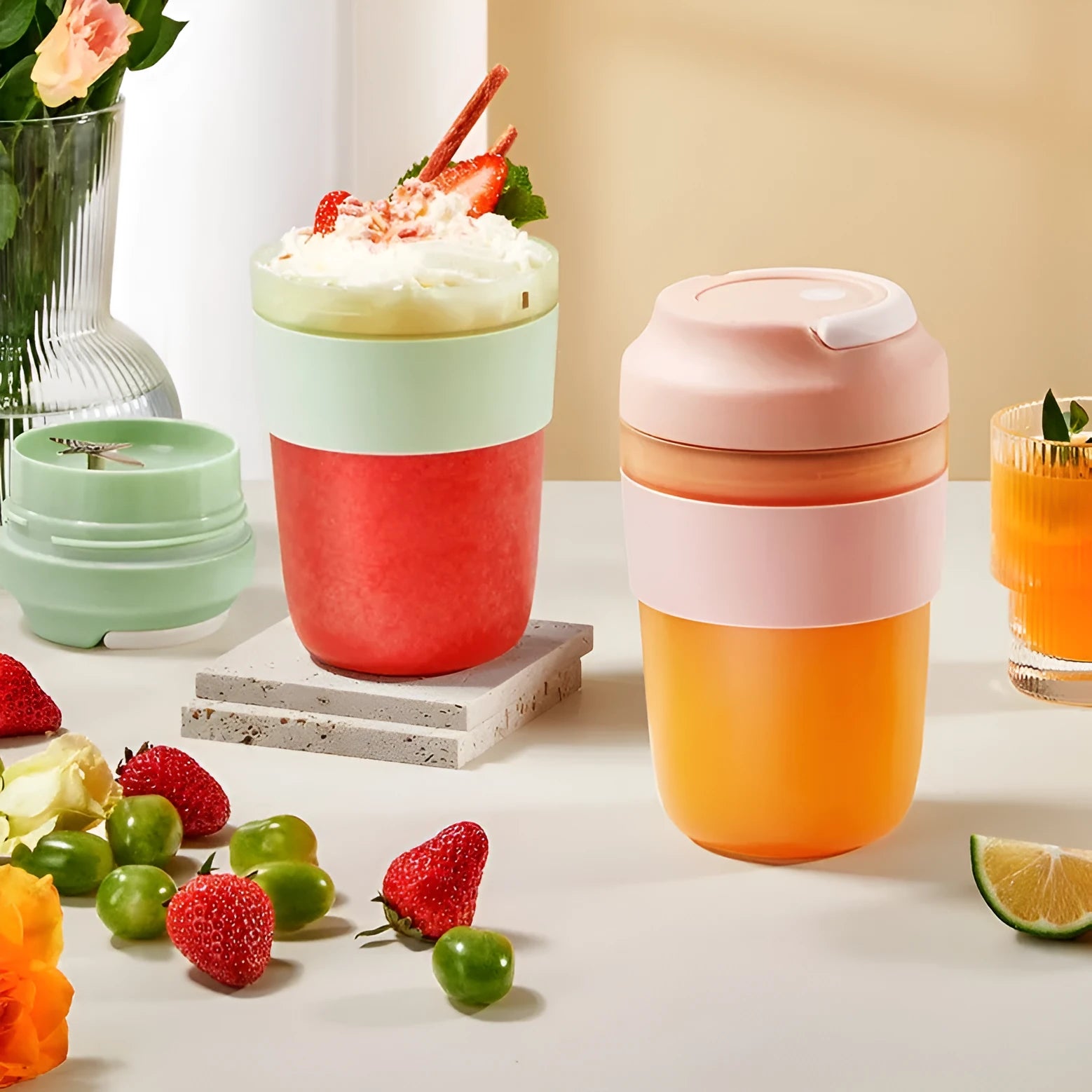 Portable purple rechargeable blender cup with four stainless steel blades, 400ml capacity, shown with USB cable.