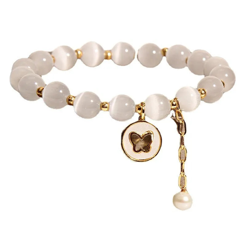 White crystal cat's eye bracelet with geometric Korean-style design for women