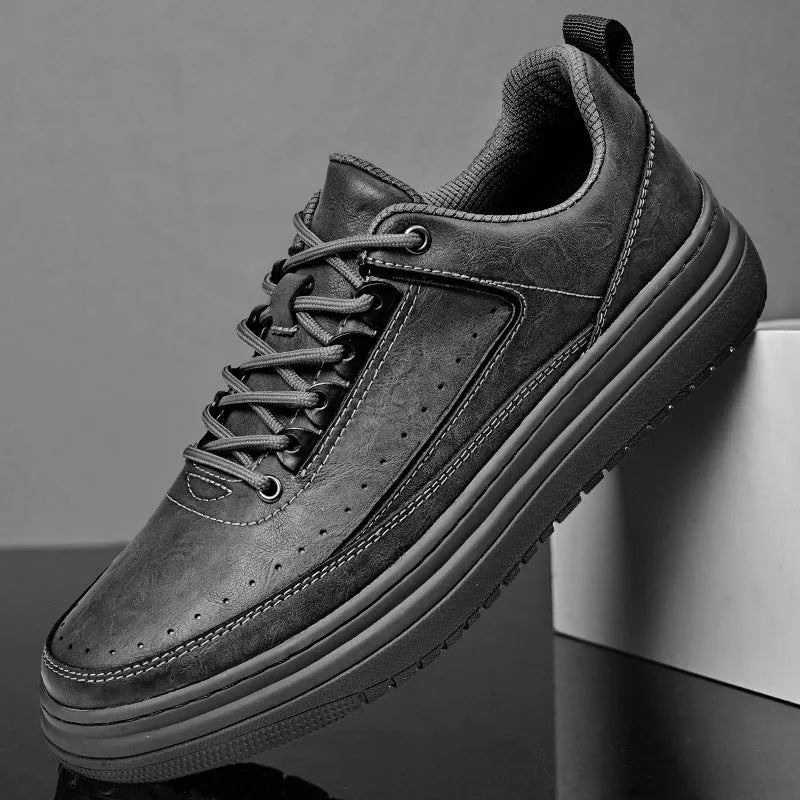 Men's genuine cowhide leather casual lace-up shoes, round toe, flat heel, black colour, side view