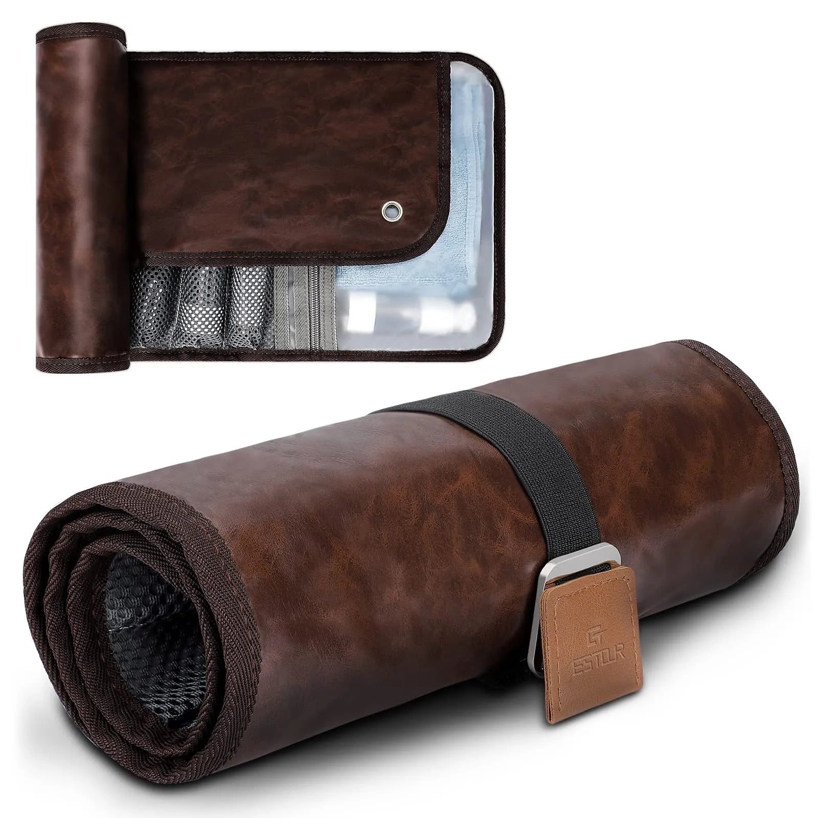 Men's black portable PU travel wash bag with toiletry items inside.