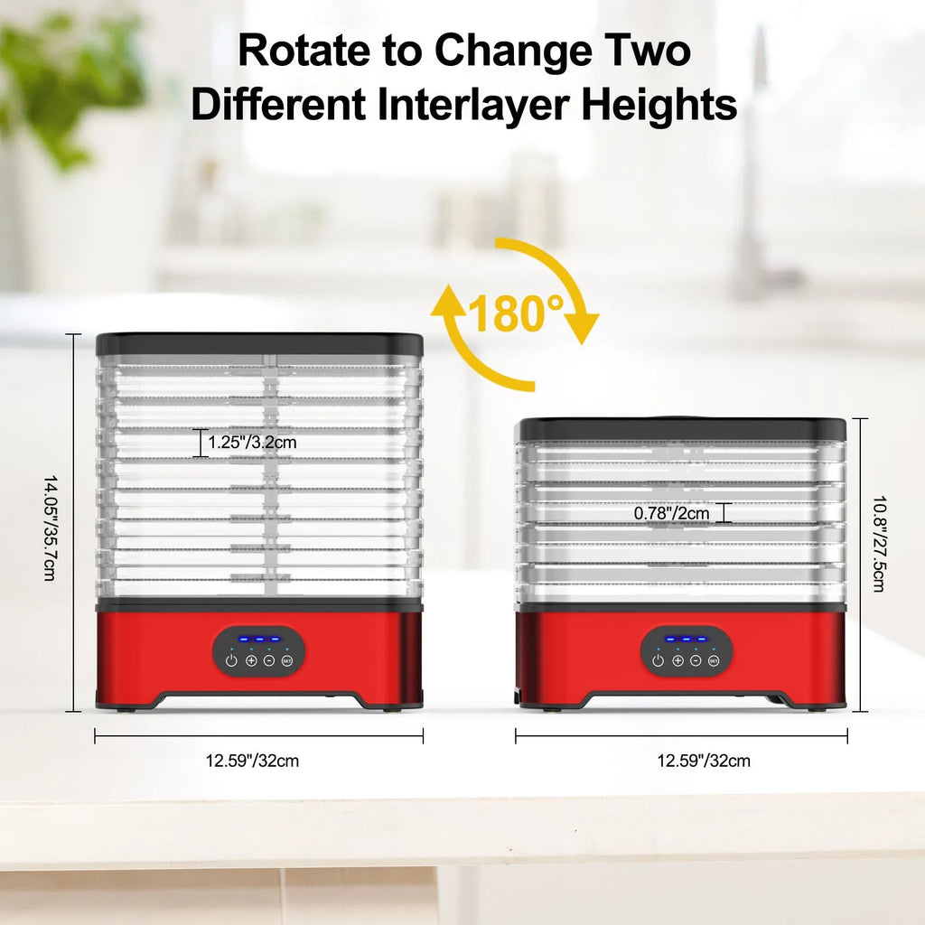 Silver or red household food dehydrator with 8 drying trays, collapsed for storage at 29cm height