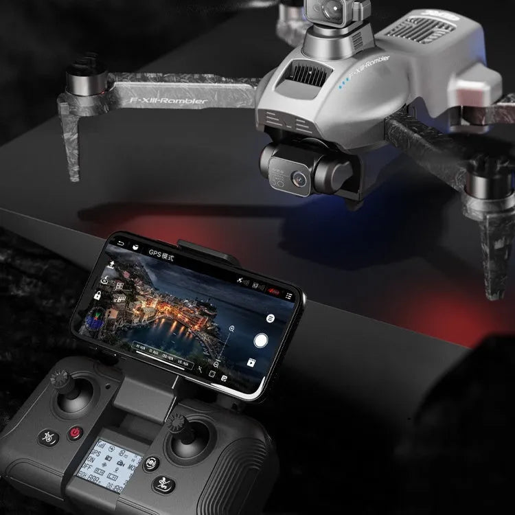 White folding quadcopter drone with 4K camera, shown with remote control and shoulder bag.