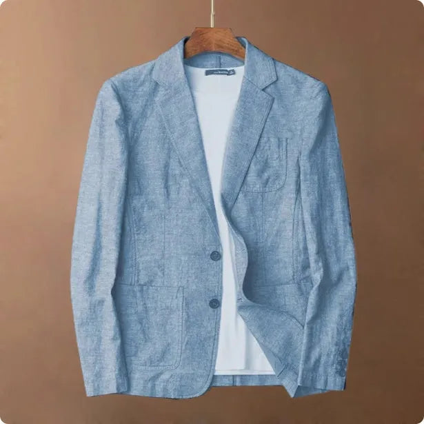 Men's solid colour linen suit coat with stick pocket in light blue