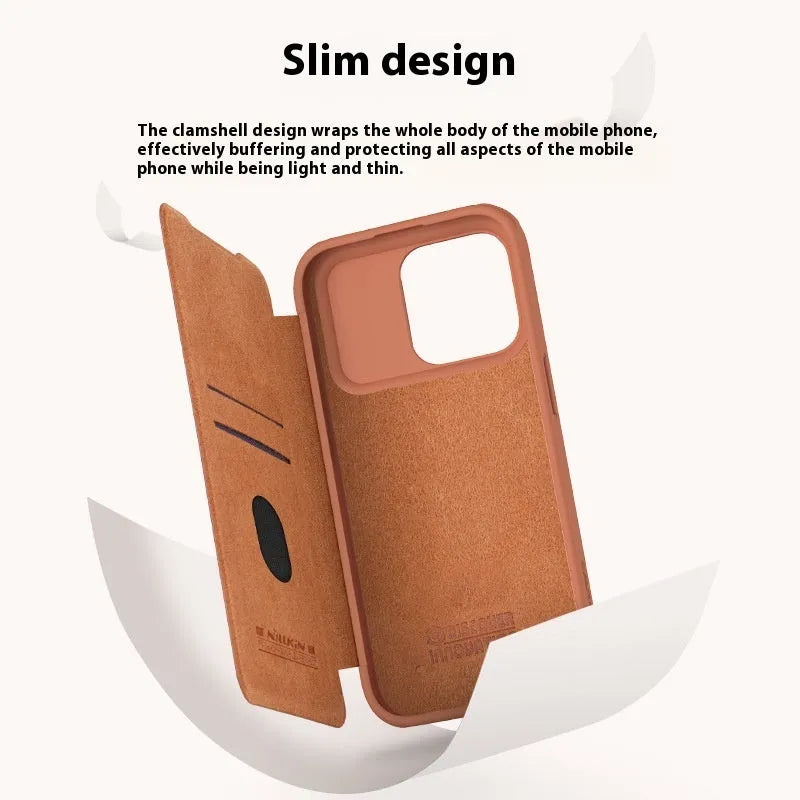 Imitation leather flip phone case for iPhone 15 in Black, Brown, and Red colours