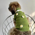 Green knitted dog sweater with floral pattern, shown next to a size chart for XS, S, M, L, and XL.