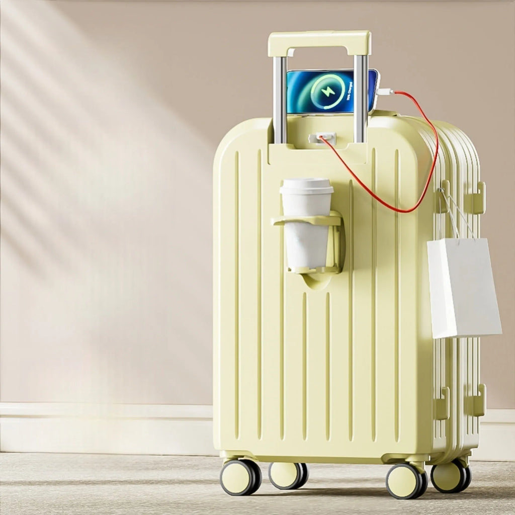 Small lightweight password suitcase in Titanium Gray with striped ABS PC shell and universal wheels