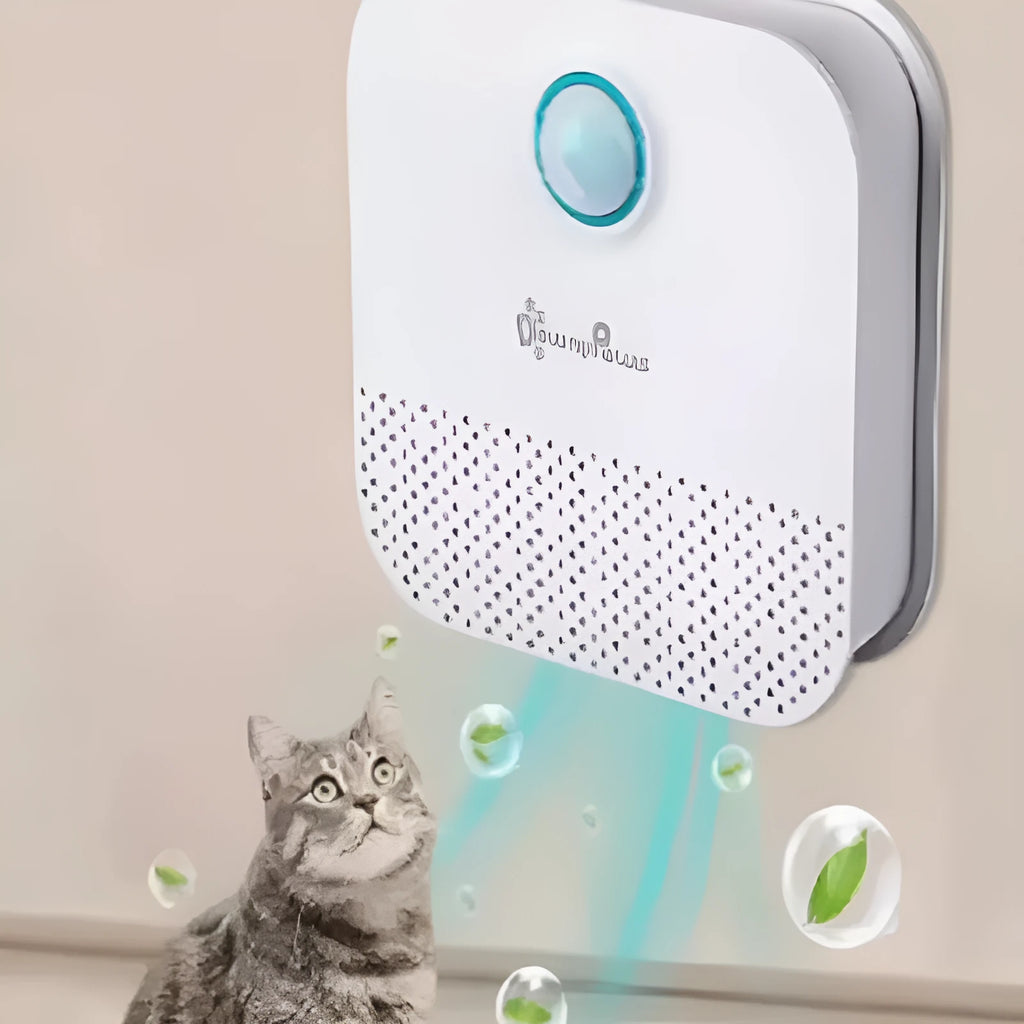 White DownyPaws smart cat litter odour purifier unit with compact square design.