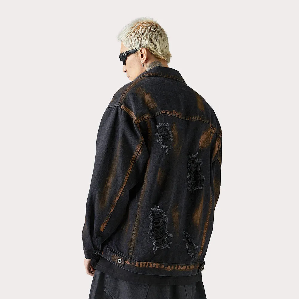 Black cotton denim jacket for men with fashion holes in street style