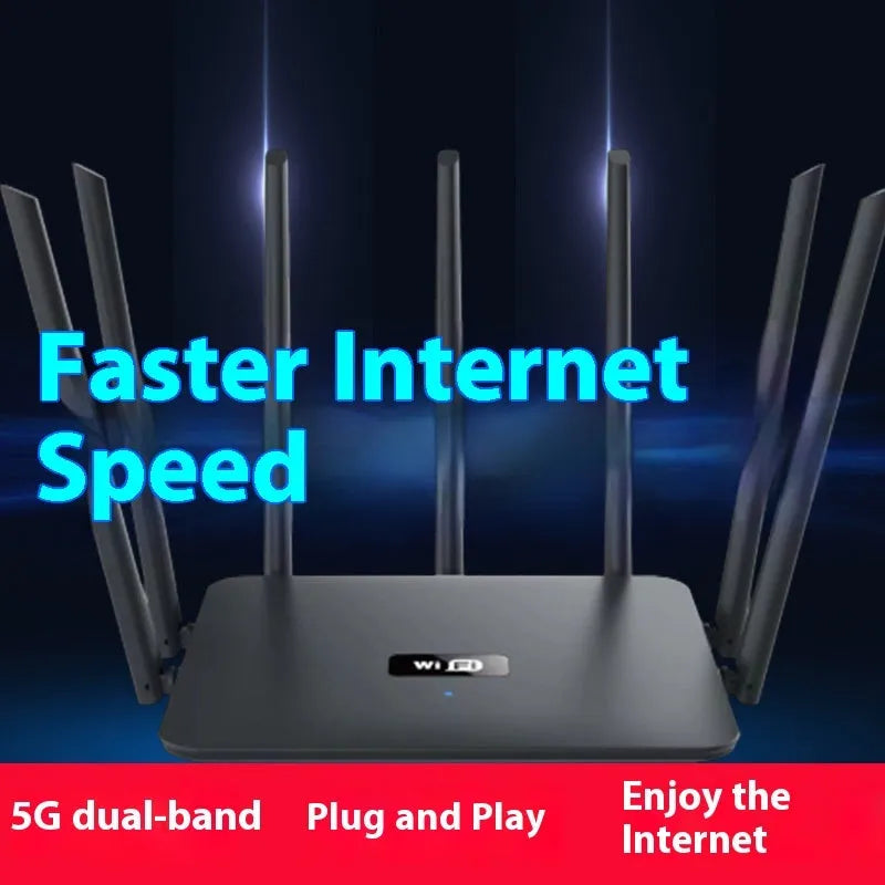 Black and white dual-band 5G gigabit Wi-Fi router with multiple antennas for home through-wall coverage.