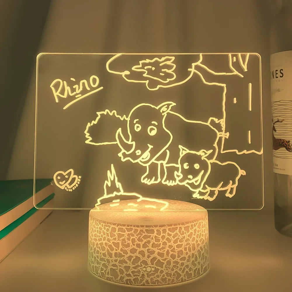 3D acrylic message board light with coloured illumination and handwritten text on surface